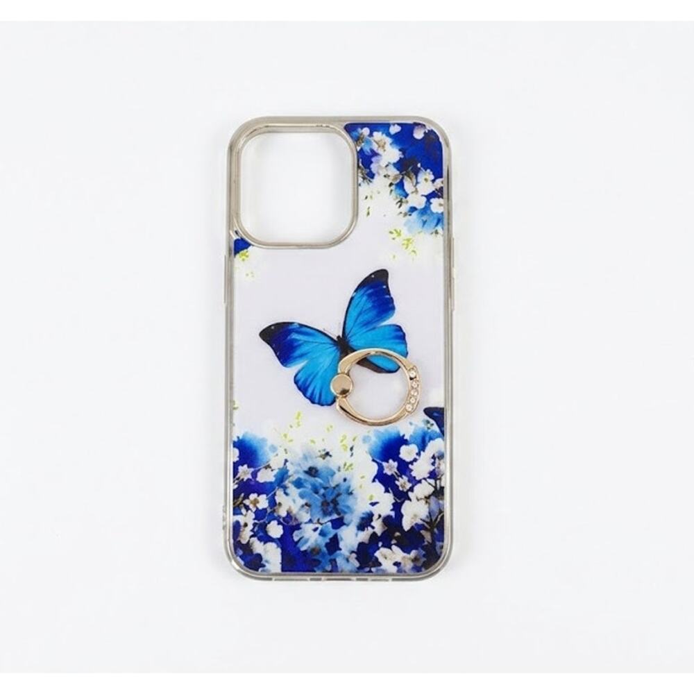 iPhone 15 Pro Max Case Blue Butterfly Floral Clear Bling Cover with Ring Holder
